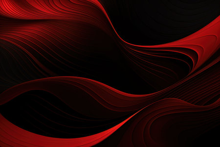 A visually appealing abstract design featuring flowing waves of vibrant red and black with hints of whiteの写真素材