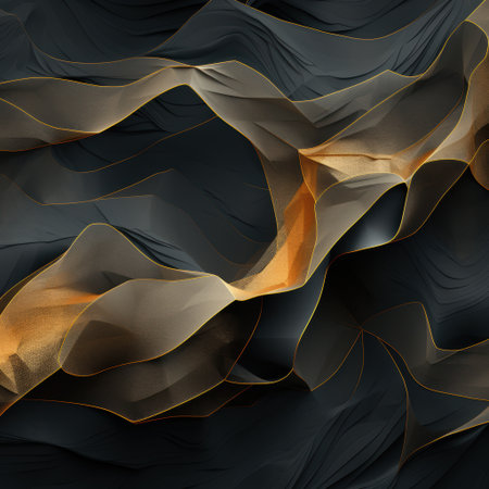 A captivating abstract composition featuring shiny gold elements on a rich, textured black backgroundの写真素材