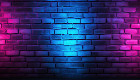 Vibrant neon colors brilliantly illuminate a textured brick wall, creating a dynamic and visually appealing atmosphere