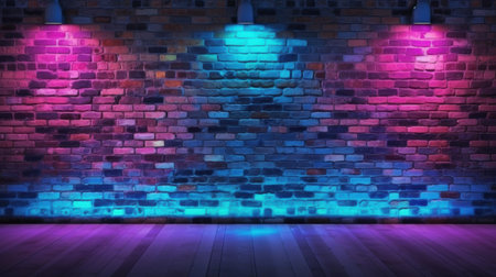 Vibrant neon colors brilliantly illuminate a textured brick wall, creating a dynamic and visually appealing atmosphere