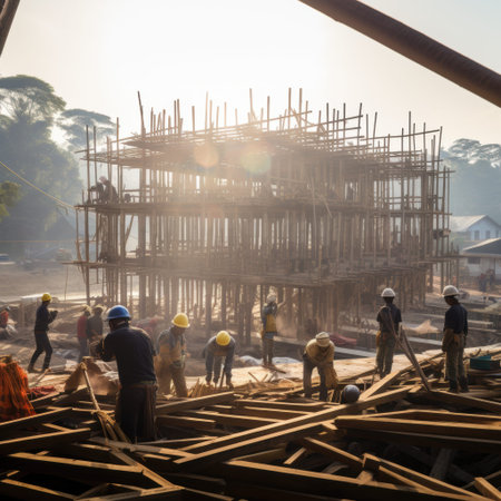 A vibrant construction site featuring a large building under development with cranes and scaffolding...