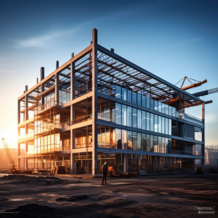 A vibrant construction site featuring a large building under development with cranes and scaffolding...