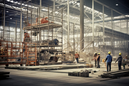 A vibrant construction site featuring a large building under development with cranes and scaffolding nearbyの写真素材