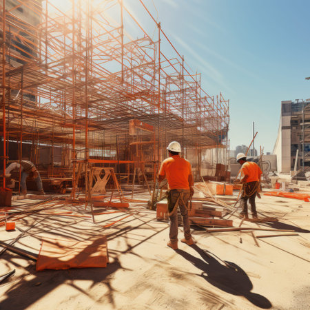 A diverse group of construction workers is smiling and collaborating effectively, showing teamwork...