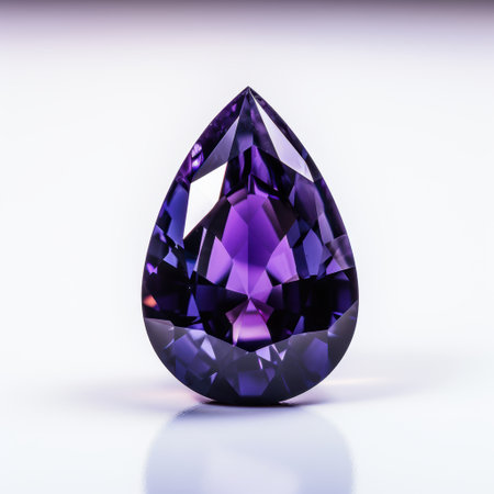 A stunning purple gemstone, featuring a captivating teardrop shape with brilliant facets that catch light beautifullyの写真素材