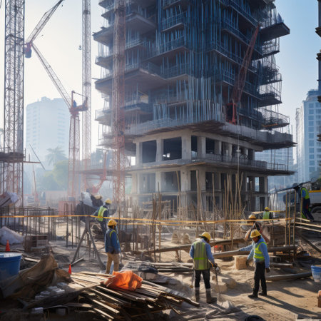 A diverse group of construction workers is smiling and collaborating effectively, showing teamwork...