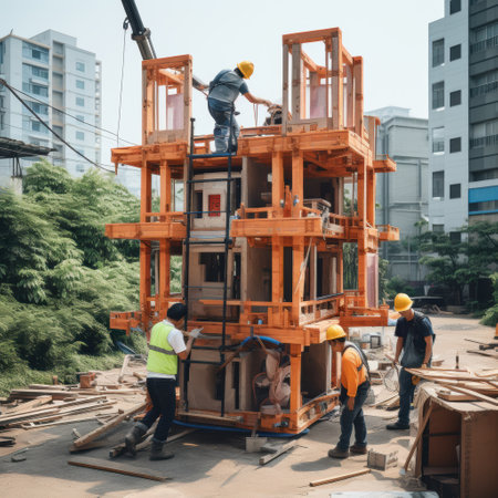 A diverse group of construction workers is smiling and collaborating effectively, showing teamwork in their tasksの写真素材