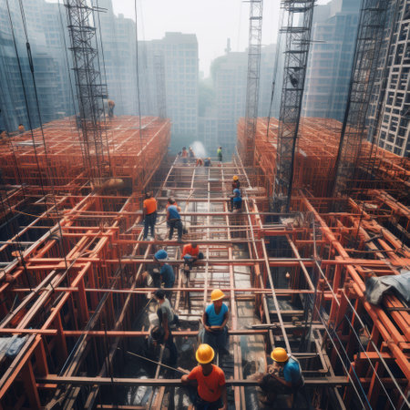 A diverse group of construction workers is smiling and collaborating effectively, showing teamwork in their tasksの写真素材