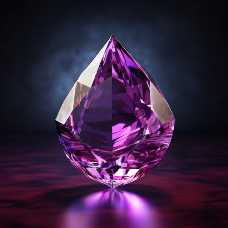 A stunning purple gemstone, featuring a captivating teardrop shape with brilliant facets that catch light beautifullyの写真素材