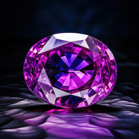 A stunning purple gemstone sparkling against a dark background, showing its brilliant cut and...
