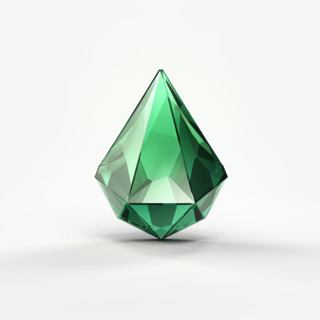 A beautifully crafted round emerald gemstone is gracefully resting on a pristine white surface, showing its vibrant green hueの写真素材