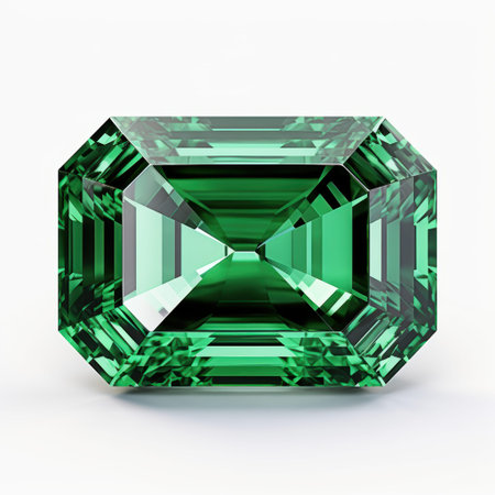 A beautifully crafted round emerald gemstone is gracefully resting on a pristine white surface, showing its vibrant green hueの写真素材
