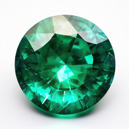 A beautifully crafted round emerald gemstone is gracefully resting on a pristine white surface, showing its vibrant green hueの写真素材