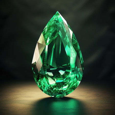 A beautifully crafted round emerald gemstone is gracefully resting on a pristine white surface, showing its vibrant green hueの写真素材