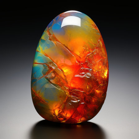 A detailed close up view of a vibrant and colorful opal cabochon set against a sleek black surface, showing its exquisite featuresの写真素材