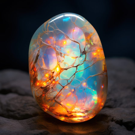 A detailed close up view of a vibrant and colorful opal cabochon set against a sleek black surface,...