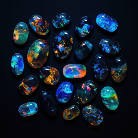 Here is a closeup photograph showcasing a beautiful pile of opal stones attractively arranged on a tableの写真素材