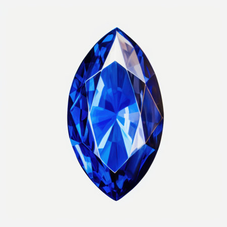 A detailed closeup shot of a stunning blue sapphire diamond resting elegantly on a pristine white surfaceの写真素材