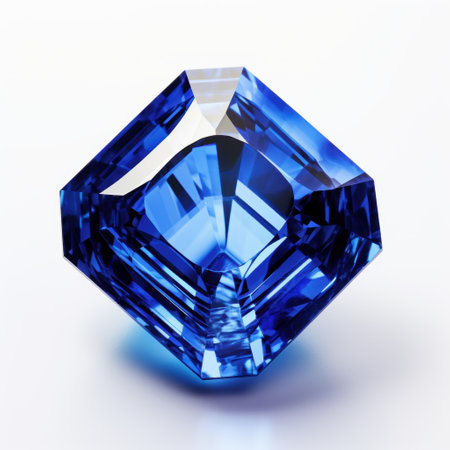 A detailed closeup shot of a stunning blue sapphire diamond resting elegantly on a pristine white surfaceの写真素材