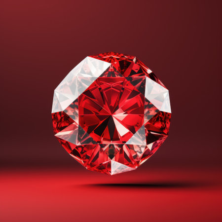 A striking red diamond is gently floating in the air, beautifully contrasted against a vivid red background, creating a mesmerizing visual effectの写真素材