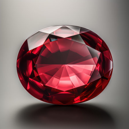 A striking red ruby diamond is elegantly placed on a smooth, white surface, creating a beautiful...