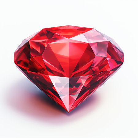 A striking red ruby diamond is elegantly placed on a smooth, white surface, creating a beautiful visual contrast that captivates the eyeの写真素材