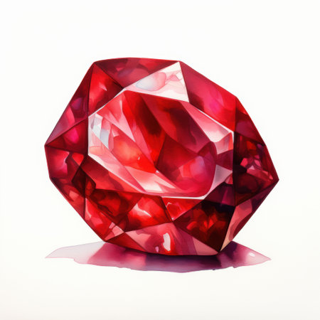 A striking red ruby diamond is elegantly placed on a smooth, white surface, creating a beautiful visual contrast that captivates the eyeの写真素材