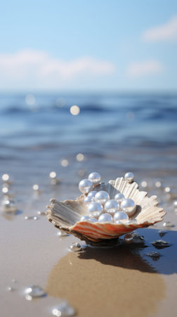 A beautiful shell filled with lustrous pearls is sitting on the sandy beach, right near the vast...