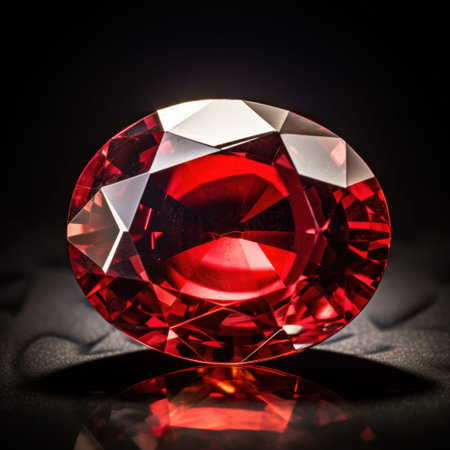 This is a closeup image featuring a striking red diamond beautifully displayed against a rich black...