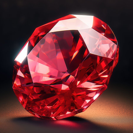 This is a closeup image featuring a striking red diamond beautifully displayed against a rich black...