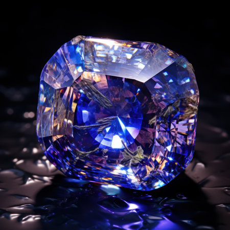 A beautifully pearl-shaped sapphire is gracefully resting on an elegant black surface, showing its stunning color and shapeの写真素材