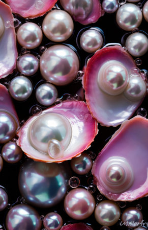 A detailed close up view of a beautiful sea shell that is filled with numerous shining and...