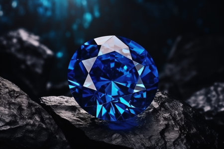 A stunning blue diamond is elegantly sitting atop a rough rock, catching the light beautifully in its facets and radiating charm
