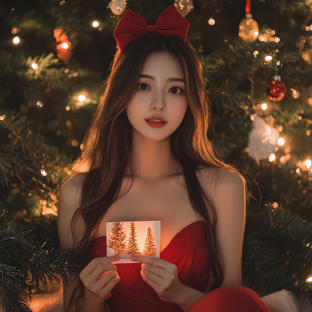 A woman elegantly dressed in a vibrant red dress is joyfully holding a card in front of a beautifully decorated Christmas treeの素材