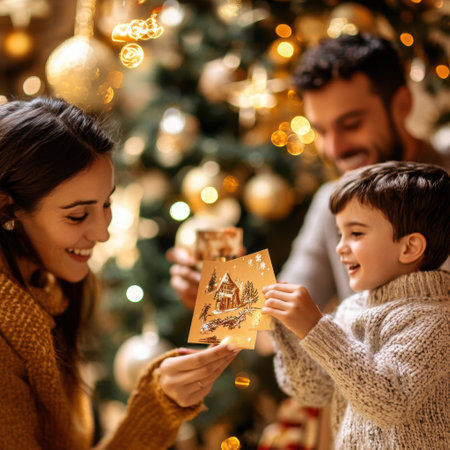 A woman and a young child are joyfully holding a colorful card together in front of a beautifully decorated Christmas tree, full of lightsの素材