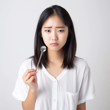 Young Asian woman in a white shirt holds a spoon, displaying a thoughtful expression against a neutral background. the image conveys introspection and contemplation, ideal for themes related to lifestyle and personal reflection.の素材