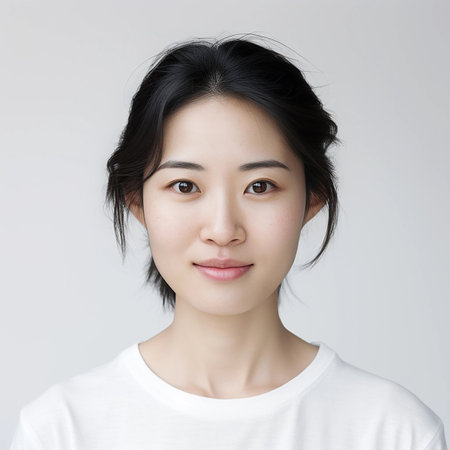 Portrait of a young Asian woman with a serene smile, dressed casually in a white shirt against a neutral background. ideal for editorial stories and modern design focusing projects on Asian lifestyles and fashion.の素材