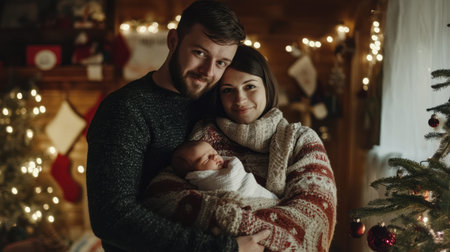 A man and a woman are gently holding a baby together in front of a beautifully decorated Christmas tree filled with lights and ornamentsの素材