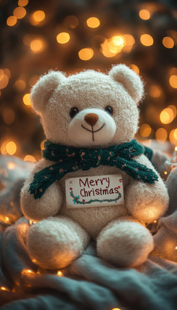 A cute teddy bear, adorned with a cozy green scarf, is comfortably sitting on a bed, adding a touch of warmth to the rooms decorの素材