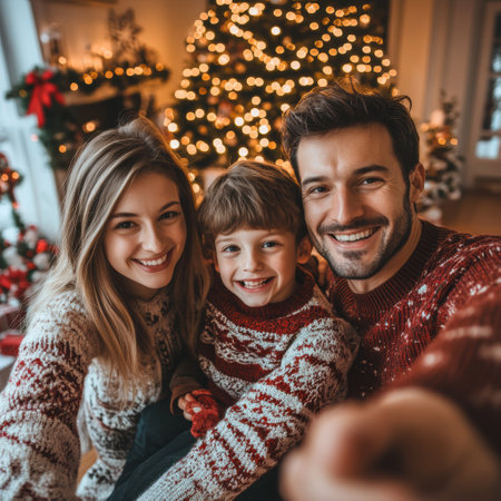 A happy family is joyfully taking a selfie in front of a beautifully decorated Christmas tree, capturing the festive spirit of the holiday seasonの素材