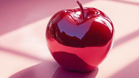Shiny red apple on smooth pink surface with reflective gloss.の素材