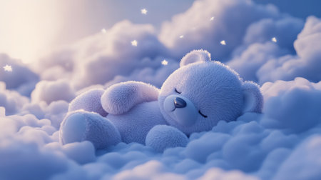 Adorable teddy bear sleeping on soft cloud with star glow.の素材