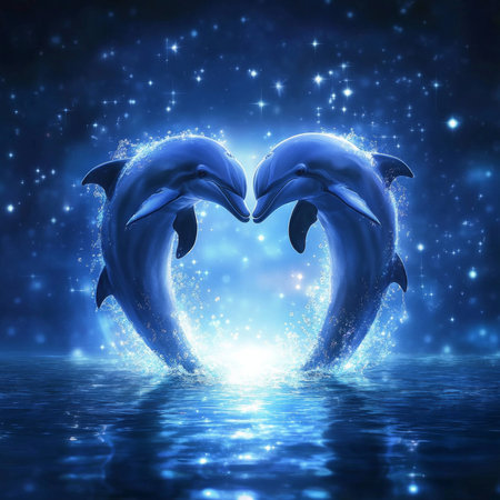 Romantic dolphins forming a heart shape amidst sparkling ocean waves.の素材