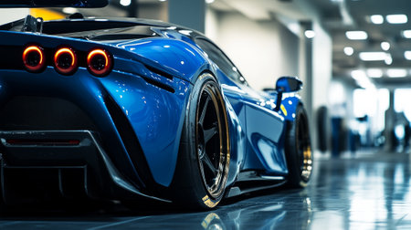 Sleek blue supercar with custom wheels in modern garage setting.の素材