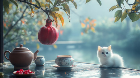 Tranquil morning with tea set and curious kitten in garden setting.の素材