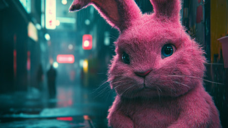 Pink bunny in neon-lit urban alley.の素材