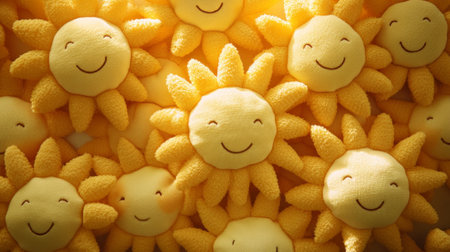Cheerful smiling sun plush toys arranged in a radiant pattern.の素材