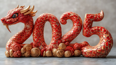 Red dragon sculpture artwork representing 2025 with intricate design.の素材