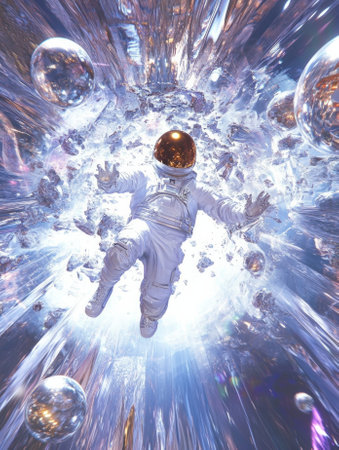 Astronaut floating in cosmic light tunnel with space debris and spheres.の素材