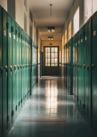 Empty school hallway with rows of green lockers and sunlight streaming through windows.の素材